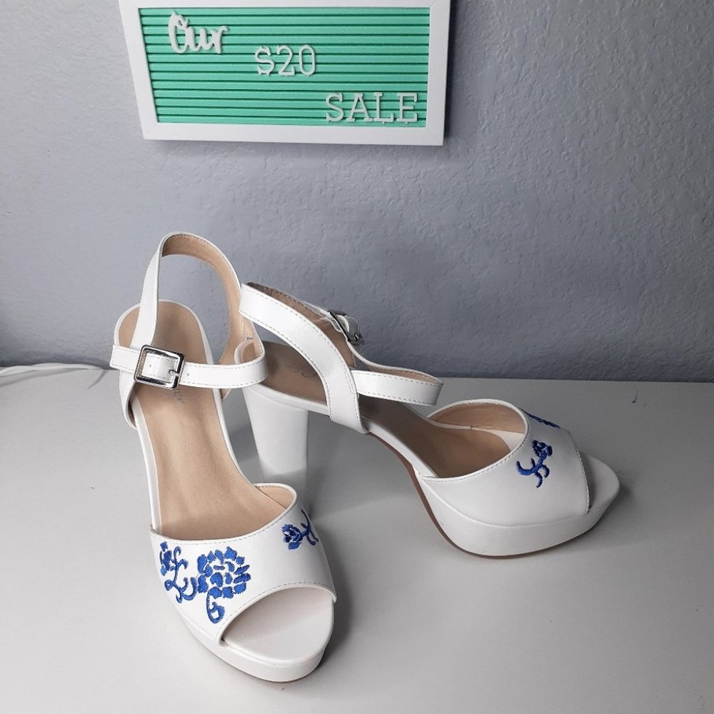 - New White embroidered  heels